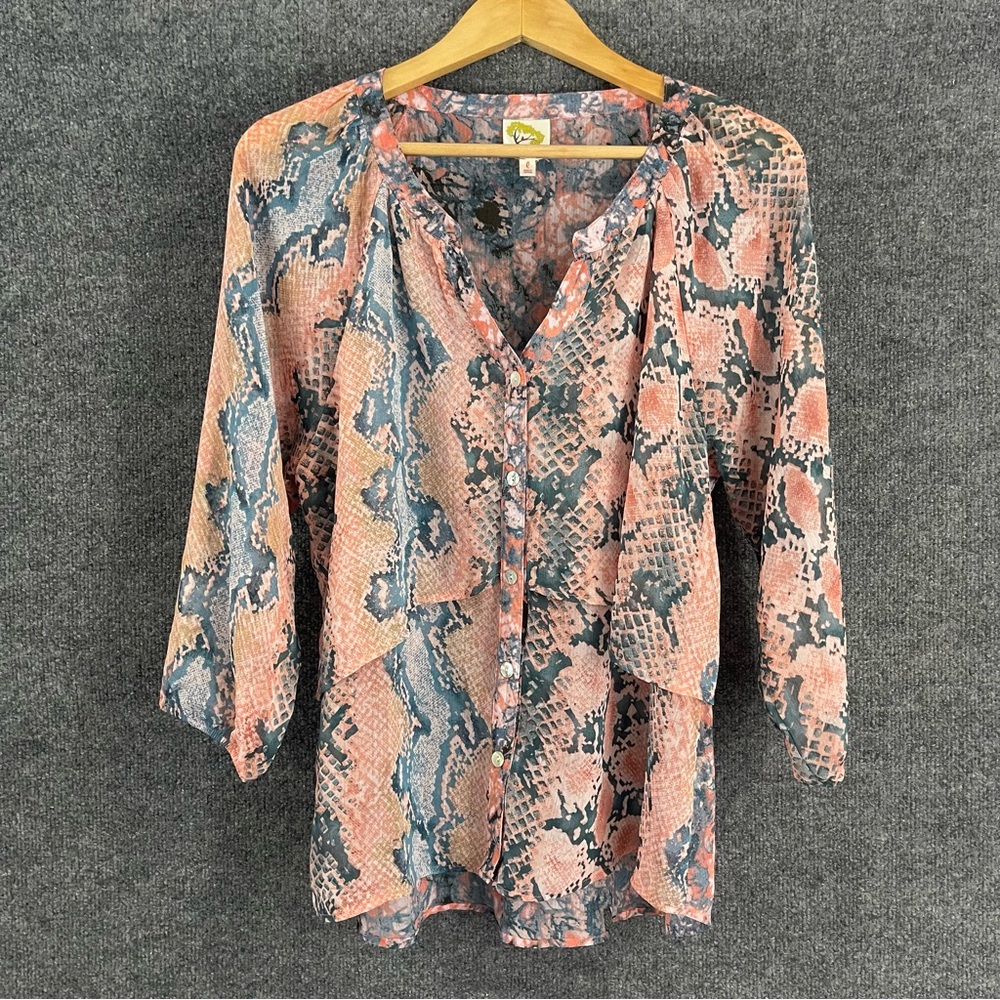 Anthropologie Fig & Flower Womens Sheer Snakeskin Print Top Size Large